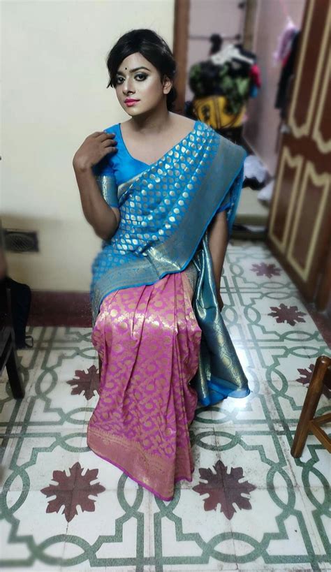 Indian sissy crossdresser wearing saree .